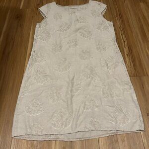 Lina Tomei Elegant Cream Leaf Tropical Linen Dress Size Medium